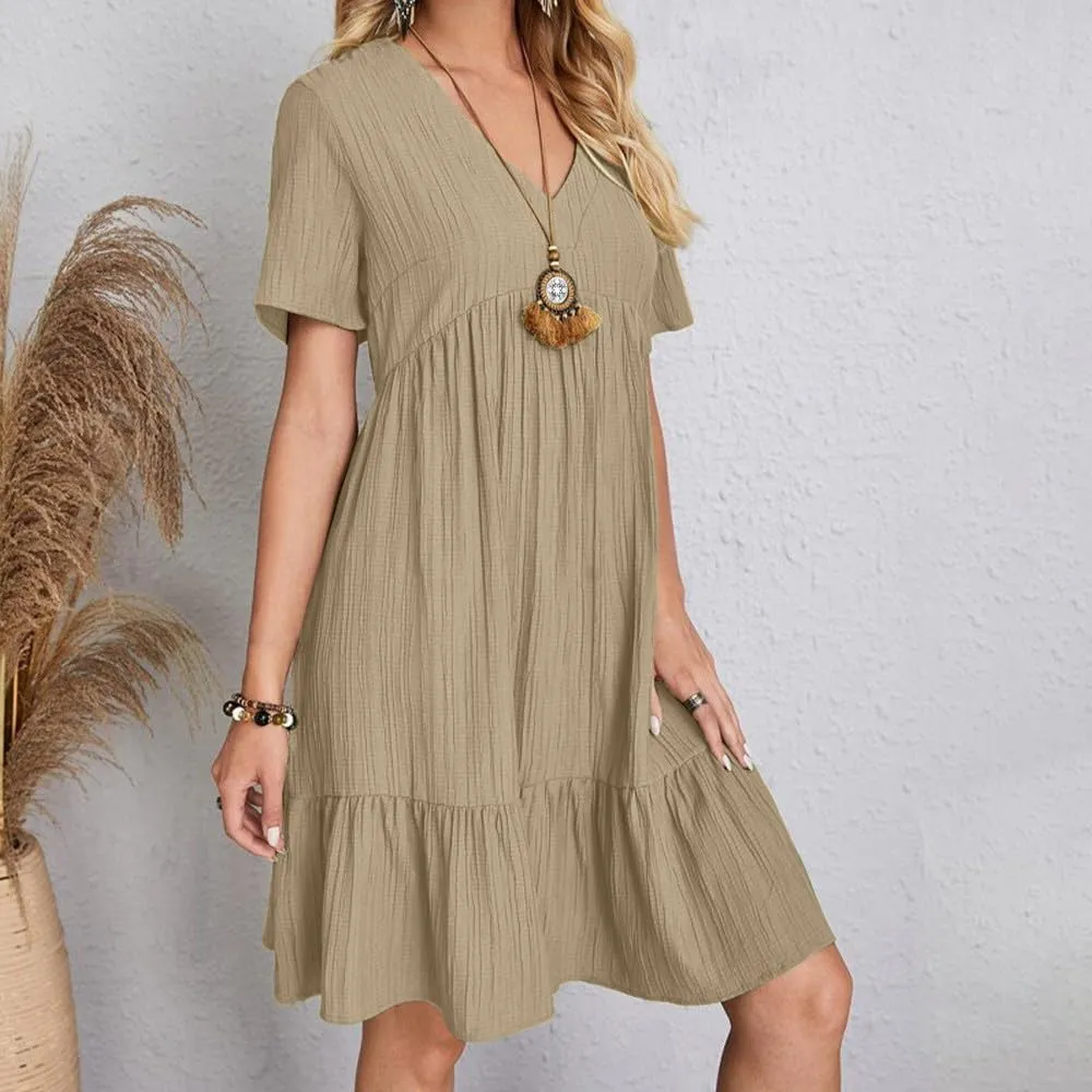 ZOCAVIA Womens Short Sleeve Mini Dress Summer V Neck Tiered Smocked A Line Dress Cute Babydoll Dress Spring Swing Dress