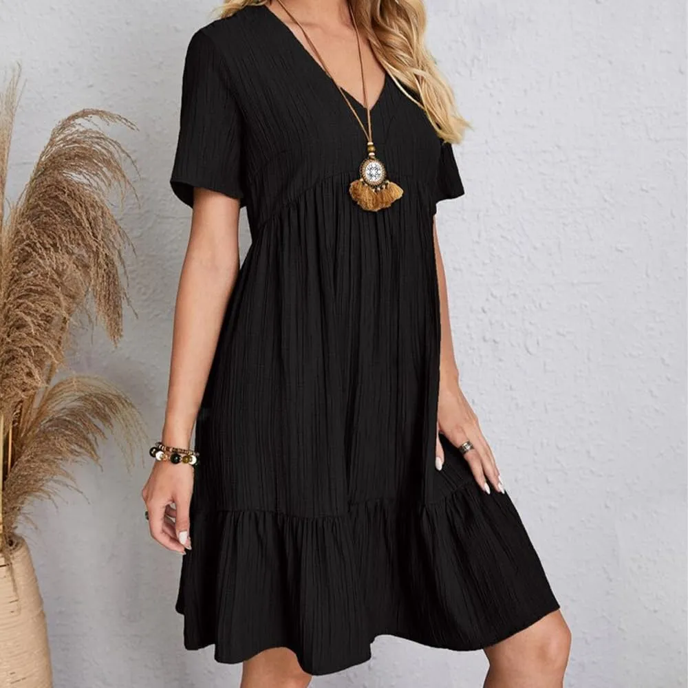 ZOCAVIA Womens Short Sleeve Mini Dress Summer V Neck Tiered Smocked A Line Dress Cute Babydoll Dress Spring Swing Dress