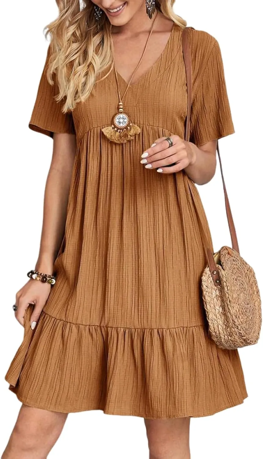 ZOCAVIA Womens Short Sleeve Mini Dress Summer V Neck Tiered Smocked A Line Dress Cute Babydoll Dress Spring Swing Dress