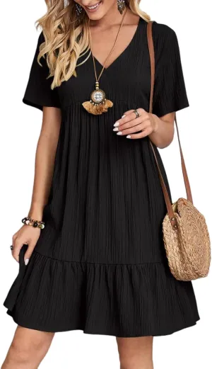 ZOCAVIA Womens Short Sleeve Mini Dress Summer V Neck Tiered Smocked A Line Dress Cute Babydoll Dress Spring Swing Dress