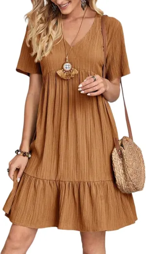 ZOCAVIA Womens Short Sleeve Mini Dress Summer V Neck Tiered Smocked A Line Dress Cute Babydoll Dress Spring Swing Dress