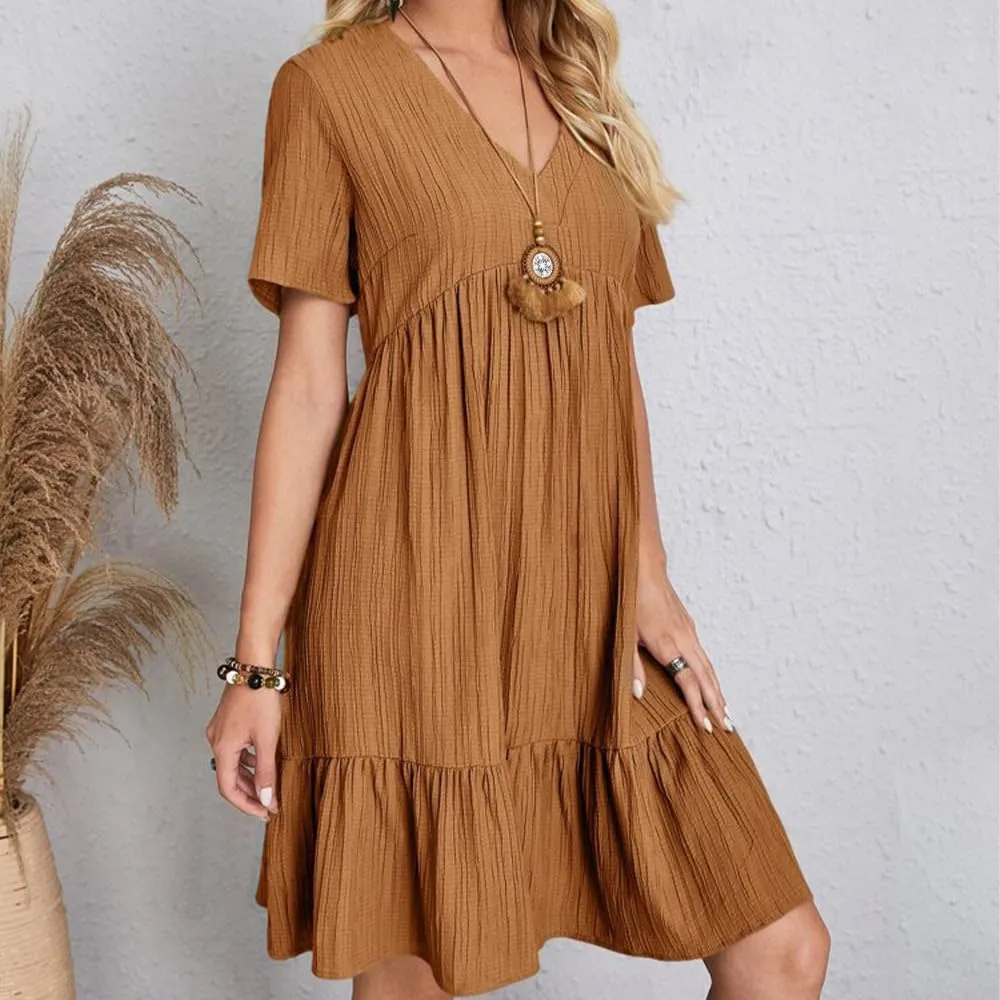 ZOCAVIA Womens Short Sleeve Mini Dress Summer V Neck Tiered Smocked A Line Dress Cute Babydoll Dress Spring Swing Dress
