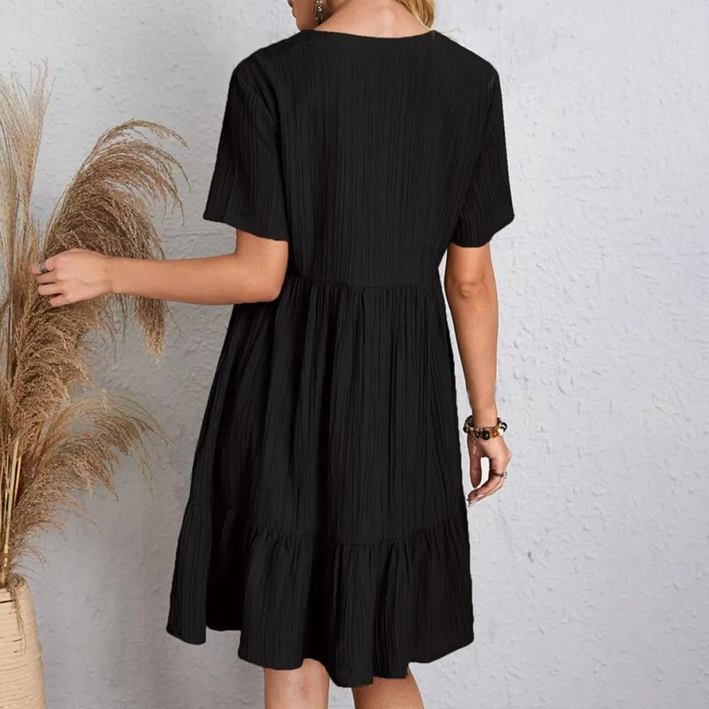 ZOCAVIA Womens Short Sleeve Mini Dress Summer V Neck Tiered Smocked A Line Dress Cute Babydoll Dress Spring Swing Dress