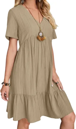 ZOCAVIA Womens Short Sleeve Mini Dress Summer V Neck Tiered Smocked A Line Dress Cute Babydoll Dress Spring Swing Dress
