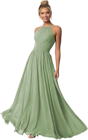 Zoghoo Long Bridesmaid Dresses for Wedding Chiffon Ruched Formal Evening Dress